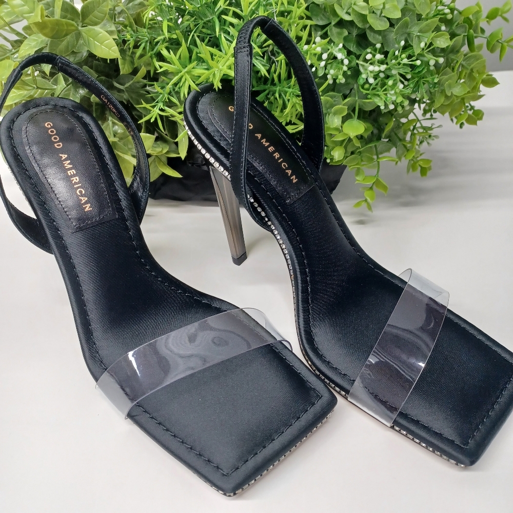 Good American Crystal Crush Lucite Heel Sandals Black 10 NIB - Picture 6 of 7